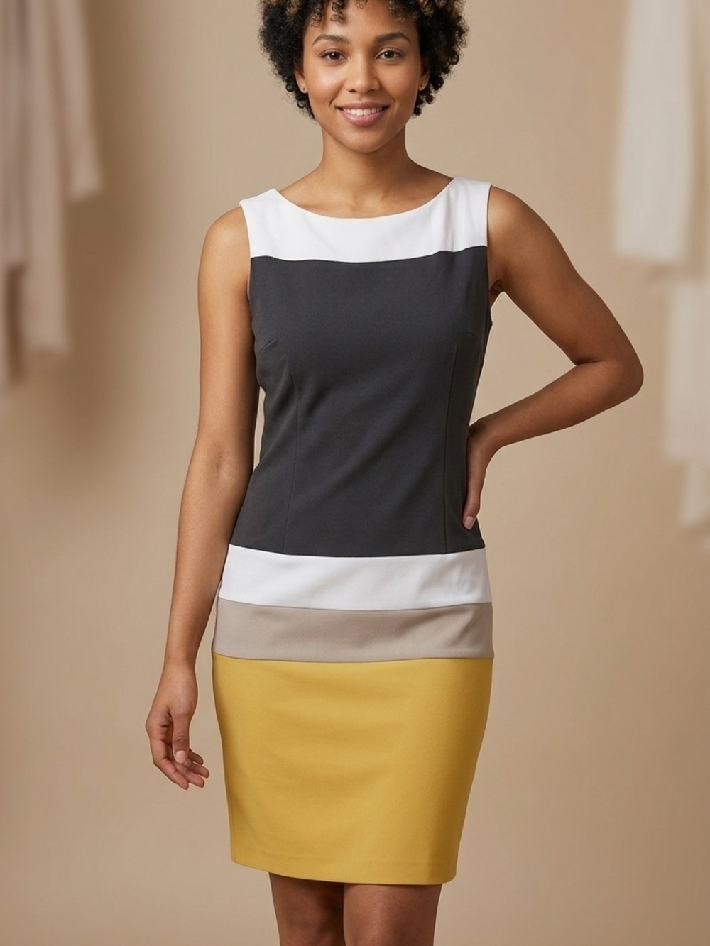 Sandra Darren Colorblock Sleeveless Dress in Charcoal, White, Taupe & Mustard
